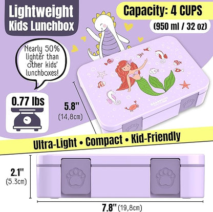 BEARFOOT Bento Box Compact, BPA-Free Children's Lunch Box for School & Nursery, Leak-Proof Lunch Box for Girls and Boys, Practical, Lightweight and Compact (Mermaid Purple, 4 Cups)