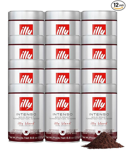 Illy Ground Espresso Coffee, Intenso Bold Roast - Bold & Flavorful - 100% Arabica - Pre-Ground for Espresso - Pressurized Packaging Sealed for Freshness - 8.8oz - (Pack of 12)