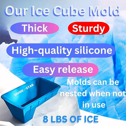 Extra Large Ice Molds 32LB – Set of 4 Silicone Ice Makers for Ice Baths & Cold Plunge, Reusable Giant Ice Cube Blocks, Home & Outdoor Coolers, Freezer Accessories, plus DIVIDE STAR 14-grid Ice Mold
