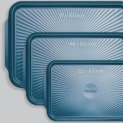 SYAINN Non-stick Ceramic Baking Sheet Set, 3 Pieces- Aluminum Steel Cookie Sheets for Baking-Includes Half/Quarter/Jelly Roll Pans-Warp Resistant, Toxic, PTFE & PFOA Free-Blue