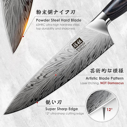 SHAN ZU 3PCS Kitchen Knife Set,Chef Knife Sets in Powder Steel, Ultra Sharp Japanese Knives Set High Carbon Steel Knives Sets, Cooking Knives Set with Ergonomic Pakkawood Handle