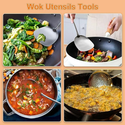FJNATINH 6-Pieces 304 Stainless Steel Wok Spatula Set,Cooking Utensil Set,Soup Ladle Colander,Nonstick Kitchen Cooking Utensils Set with Spatula,Kitchenware Tools