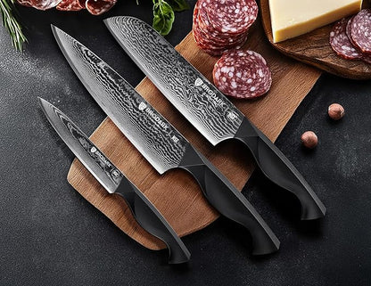 BRODARK Damascus Knife Set 3 PCS: Sharp Damascus Kitchen Knife Set, Professional Japanese Chef Knives with Ergonomic Full-Tang ABS Handle for Home, Restaurant (Dark Horse Series)