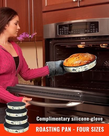 Enamel Round Baking Pans Set Roasting Dish 4-Pack 9/10/12/14 Inch Non Stick Large Cookware for Cake Bread Pie Pizza Turkey Steak, Non-Toxic Carbon Steel Oven Dishwasher Safe Thanksgiving Bakeware
