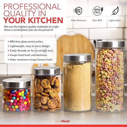 EatNeat 4-Piece Sleek Glass Canister Set with Brushed Stainless Steel Lids – Giftable, Durable Storage Containers for Countertop Use – Dishwasher-Safe Jars in Various Sizes for Pantry & Kitchen