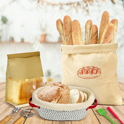 HASHMUST Banneton Bread Proofing Basket Kit, Sourdough Starter Jar Set, 9'' Round 10" Oval Fermentation Bowls Homemade Baking Supplies, Tools with Dough Whisk Cutter Lame Scraper Brush Scraper Bags