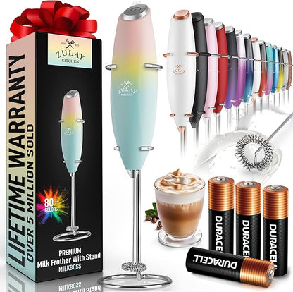 Zulay Kitchen Powerful Milk Frother Wand With 4 AA Duracell Batteries - Ultra Fast Handheld Drink Mixer - Electric Whisk Foam Maker for Coffee, Lattes, Cappuccino, Matcha & Creamer