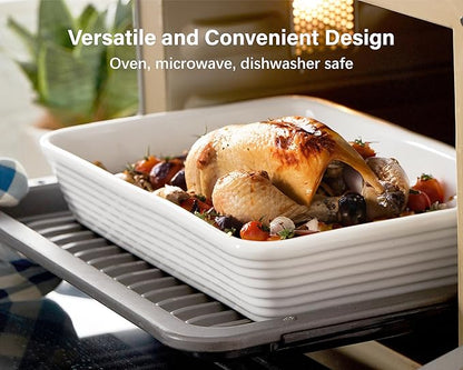 ONEMORE Ceramic Baking Dish, 9x13 Baking Pan Casserole Dish Large Rectangular Baking Dishes for Oven Deep Dish Lasagna Pan for Family Meals Ribbed White Bakeware for Roasting & Serving