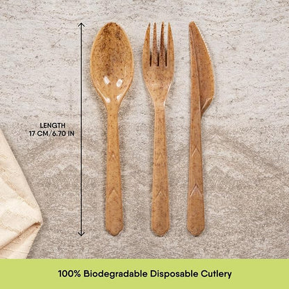 100% Biodegradable Cutlery Made of Vegetable Fibers, 300 PCS of 6.7” Long Heavy-Duty and Splinter Free Eco-Friendly Spoons, Forks & Knives, Perfect Sustainable Cutlery by The Veggie Straws