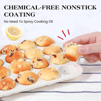 1 Pc Mini Muffin Pans with Metal Reinforced Frame, 24 Cups Nonstick Silicone Cupcake Tray for Baking, Food Grade Small Muffin Molds with Handles (Cream)