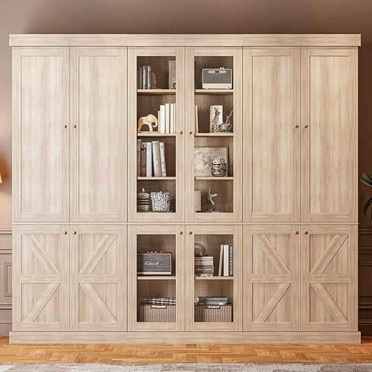 70.8" Tall Farmhouse Bookshelf, Modular Bookcase with Glass Doors, 6-Tier Adjustable Shelves, Large Storage Cabinet for Kitchen, Living Room, Brown, Set of 3