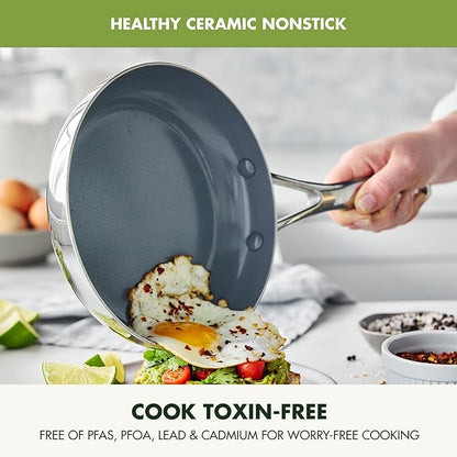 GreenPan Valencia Pro Stainless Steel 10 Piece Cookware Pots and Pans Set, Induction Suitable Mirrored Tri-Ply, Ceramic Nonstick PFAS-Free Coating, Multi Clad, Dishwasher Oven & Broiler Safe