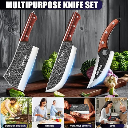 MDHAND Butcher Knife Set, 4PCS Butcher Cleaver Knife Set for Meat Cutting, Hand Forged Viking Knives Sets with Meat Cleaver, Heavy-Duty Kitchen Knives Sets for Bone BBQ Vegetable, Knives Gift for Men