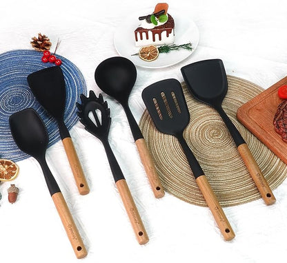 Large Silicone Kitchen Utensils Set, 6 PCS Nonstick Cooking Utensils Set with Wooden Handle, Heat Resistant and BPA Free Silicone Utensil Spatula Set for Cooking with Turner, Spoon and Ladle(Black)