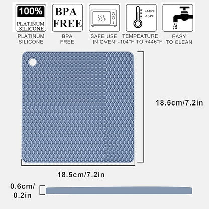 4 Pack Silicone Trivet Mat, Silicone Trivets for Hot Pots and Pans, Non-Slip & Heat Resistant Silicone Hot Pad for Kitchen Counter Mat Set, Soft Drying Mat, Jar Opener and Coasters, Square, Blue
