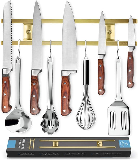 Zulay (12 Inch) Stainless Steel Magnetic Knife Holder For Wall - Powerful Knife Magnetic Strip With Extra Hanging Hooks - Wall Mount Magnetic Knife Strip & Organizer For Kitchen & Tools (Gold)