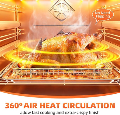Air Fryer Basket for Oven, 2 Set Oven Air Fryer Basket and Tray with 60 PCS Parchment Papers, DEGOVIN Crisper Tray Non-stick Stainless Steel Air Fry Pans for Convection Oven(15.8" × 11" & 13" × 9.7")