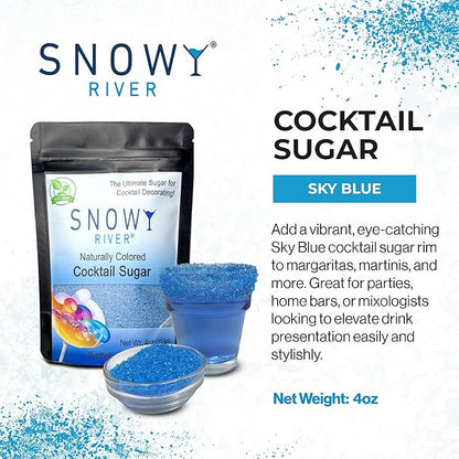 Snowy River Sky Blue, Cocktail & Margarita Sugar Rimmer - Vibrant Color Glass Rimming Sugar with Medium Crystal Texture - 4oz