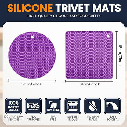 Silicone Trivet Mats 4 Heat Resistant Pot Holders Multipurpose Non-Slip Hot Pads for Kitchen Potholders, Drying mat, Jar Opener, Spoon Holder, Coaster(Violet)