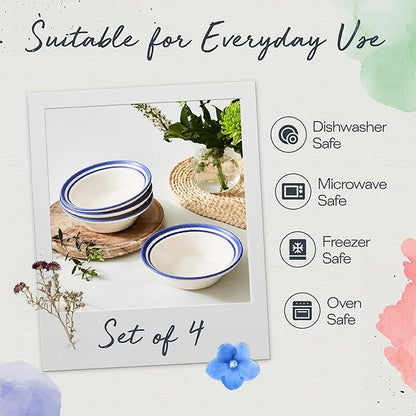Portmeirion Potter's Stripe Oatmeal Bowl (Set of 4) - Ideal for Porridge, Soup, Desserts - Microwave & Dishwasher Safe Earthenware Bowls, Durable Dishware Collection - Made in UK (Blue Stripe)