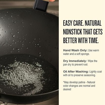 Alva Forest Naturally Nonstick Carbon Steel Wok Pan 12" - Acacia Wood Handle, Pre-Seasoned and Made without PFAS, PFOA & PTFE - Induction and All Stovetop Compatible with Even Heat Distribution