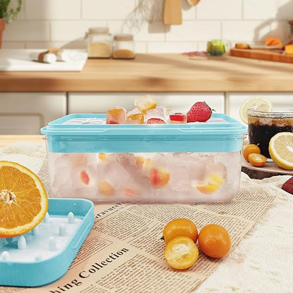 Satax Silicone & Plastic Ice Cube Trays with Lids and Bin - Durable, BPA-Free, Easy Release, Perfect for Cocktails, Coffee & More (2, blue)