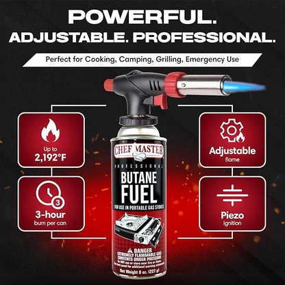 Butane Torch Lighter w/ 4 x 8oz. Butane Fuel Tin Canister Combo, Refillable Kitchen Torch & Adjustable Flame Cooking Torcher for Creme Brulee, Dessert, Meats, Indoor & Outdoor BBQ by Chef Master 90022