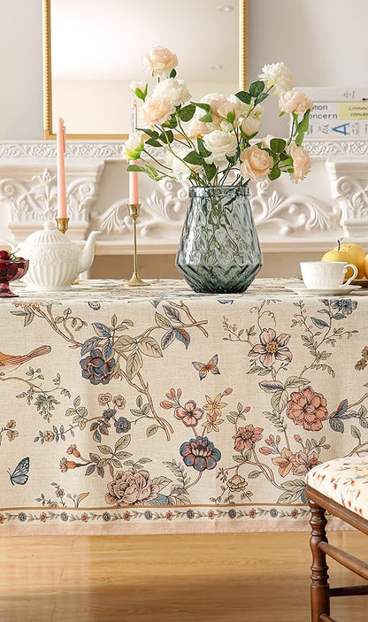 ISAENNE Designer French Light Beige Small Rectangular Tablecloth,Linen Florals and Birds Pattern Table Cloth,Anti-Wrinkle Decorative Tablecloths for Dining Thanksgiving Kitchen,55"*71"-Cornucopia