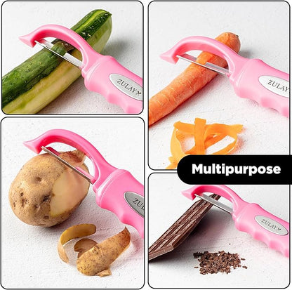 Zulay Kitchen Premium Vegetable Peeler for Kitchen - Swivel Peeler with Razor Sharp Stainless Steel Blades & Strong Ergonomic Handle - Dishwasher Safe, Easy To Use with Blemish Remover - Pink