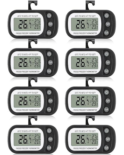 Frienda 8 Pack Black Digital Fridge Thermometer Waterproof Refrigerator and Freezer Room Max/min Record Function LCD Screen Refrigerator Thermometer with Hook and Magnetic Back for Home