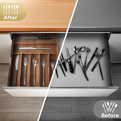 Silverware Organizer, 12.5 Inch Utensil Organizer Kitchen Drawer Organizer Acacia Silverware Holder Cutlery Tray Organizer in Drawer Flatware Organizer Tray(7 slots, Acacia）
