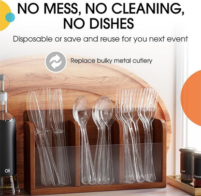 Party Solids Clear Plastic Silverware Heavy Duty 150 Pieces Clear Plastic Cutlery Sets, Utensil Sets, 50 Of Each Forks, Knives & Spoons Disposable Cutlery Set, Flatware Set For Party Supplies