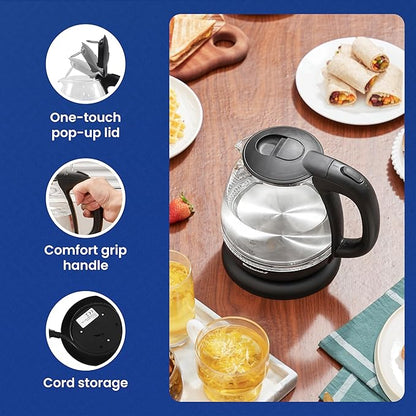 Elite Gourmet EKT1001 Electric 1.0L BPA-Free 1100W Glass Kettle Cordless 360° Base, Stylish Blue LED Interior, Handy Auto Shut-Off Function – Quickly Boil Water For Tea & More, Black