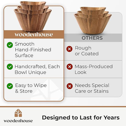 Wooden Salad Bowl Set, Salad Bowls Set of 3 - Wavy Design Salad Bowl Set for Serving, Handmade, Durable and Stylish Natural Wood Dining Accessory by Woodenhouse
