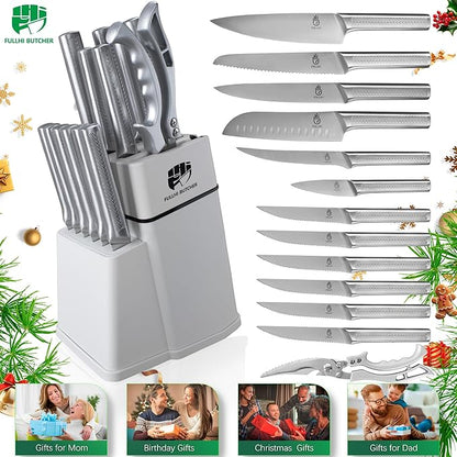 FULLHI 14pcs Knife Block Set, Dishwasher Safe Kitchen Knife Set with Built-in Sharpener, Stainless Steel Chef Knives Set with Knife Holder Kitchen Scissors