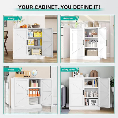 White Storage Cabinet with Doors and Adjustable Shelves,36" Farmhouse Food Pantry Cabinets,Small Sideboard Cabinet,Short Metal Storage Cabinets for Home Kitchen,Dining/Living/Laundry/Room