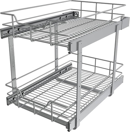 2 Tier Pull Out Cabinet Organizer 15" W X 22" D, Slide Out Drawers For Kitchen Cabinets, Pull Out Drawers For Cabinets Capacity Heavy Duty Caddy, Cabinet Pullout Shelves Chrome-Plated,Bathroom Pantry