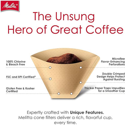 Melitta #4 Cone Coffee Filters, Natural Brown, 100 Count (Pack Of 6), 600 Total Filters - Fits all 8-12 Cup Cone Coffee Makers and Pour-Overs, Compostable, Tear-Resistant, Made in USA