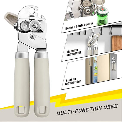 PrinChef Can Opener Manual, Can Tin Bottle Opener with Magnet - No-Trouble-Lid-Lift, Handheld Can Opener Smooth Edge with Sharp Blade, Heavy Duty and Easy to Use, for Seniors with Arthritis, White