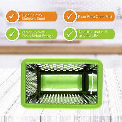 Spring Chef Professional Green 10" Stainless Steel Parmesan Cheese Grater with Handle, 4 Sided Handheld Box Grater, Kitchen Carrot Shredder for Potato, Cheese, Ginger, Vegetables