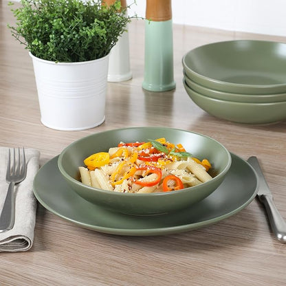 Gibson Home Queenslane 16-Piece Matte Green Stoneware Dinnerware Set – Double Bowl Plates and Bowls, Durable Kitchen Dinner Set