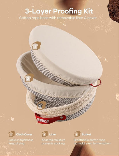 Ganiza Sourdough Starter Kit, Cotton Rope Sourdough Bread Baking Supplies, 9'' Round & 10'' Oval Banneton Basket with Liners & Covers, Sourdough Proofing Basket Kit Gifts for Bakers Women Wife Mom