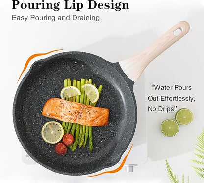 Kordisen Nonstick Frying Pan Skillet with Lid, 9.5 Inch Granite Egg Omelet Pan, Healthy and Non Toxic, Induction Compatible, PFOA Free