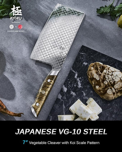KYOKU 7" Meat Cleaver with Non-Stick Koi Scale Pattern, Japanese VG10 Stainless Steel Butcher Knife with Sheath & Gift Box, Shogun Koi Series Full Tang Kitchen Knife with Camphorwood Handle