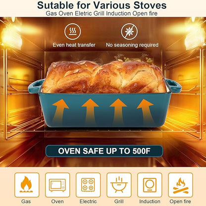 9x5 Inch Enameled Cast Iron Loaf Pan with Lid | 2 in 1 Homemade Sourdough Bread Baking Pan for Homemade Bread, Cake, Meatloaf | Durable 2 Piece Set, Blue Color