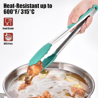 Doosu Kitchen Tongs for Cooking - 600°F Heat Resistant Food Tong Set with Non-Scratch Silicone Tips, Heavy Duty Stainless Steel Locking Tong for BBQ, Grilling Steak, Serving Salad (9+12in, Aqua Sky)