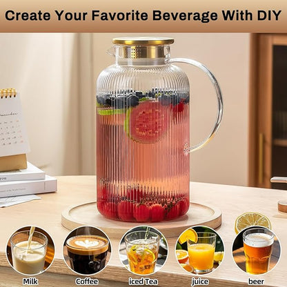 Glass Pitcher with Lid, 100 oz/ 3 Liter Classic Vertical Stripes Water Pitcher,Glass Water Carafe for Cold Brew, Coffee, Lemonade, Iced Sun Tea,Beverage, Milk, Heat Resistant