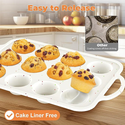 2Pack Silicone Muffin Pan For Baking With Metal Reinforced Frame, 12 Cup Regular Size Nonstick Cupcake Pan, BPA Free Silicone Muffin Tray, Cupcake Baking Pan Molds for Oven