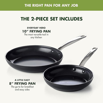 GreenPan Chatham Prime Midnight 8" and 10" Frying Pan Set, Hard Anodized Ceramic Nonstick, PFAS-Free, Dishwasher Safe, Oven Safe, Healthy Cooking Skillet for Eggs and Omelets, Black