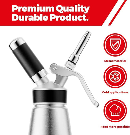Professional Aluminum Whipped Cream Dispenser - 1000 mL/2 Pint,Leak-Free Whipped Cream Maker Canister with 8 Decorating Nozzles & Cleaning Brush - N2O Chargers (Not Included) (Silver, 1000ml)